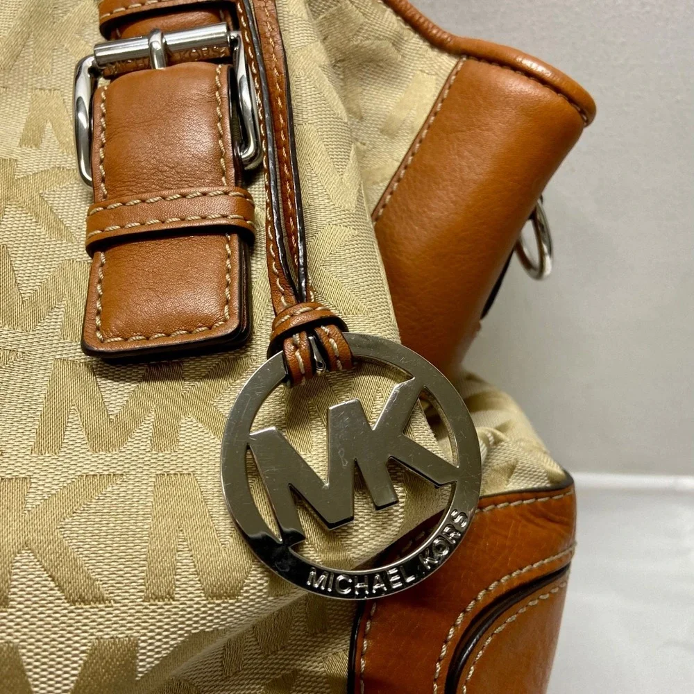 Michael Kors Brookville Large Tote Bag MK Saddle Khaki Canvas Brown Leather EUC